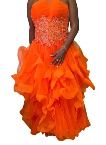 Stunning Orange Tulle Ball Gown with Floral Lace Applique Formal Evening Dress Size 6