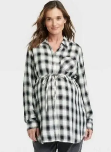 Isabel Maternity Women’s Button Down Plaid Shift Shirt Dress Size Medium Tie NWT