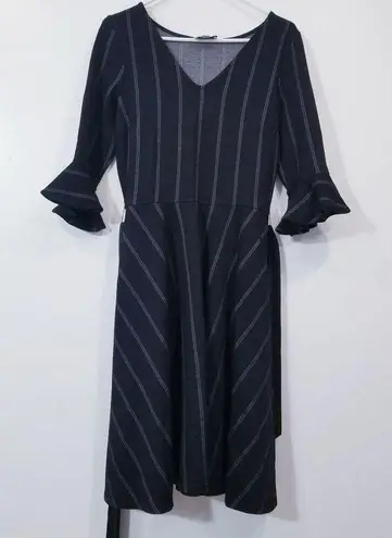Leota New York Striped Fit and Flare Belted Dress Bell Sleeves