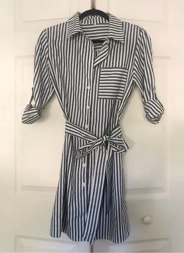 Vertical Stripe Button Down Shirt Dress Tie Waist Size Small Blue Gray and White