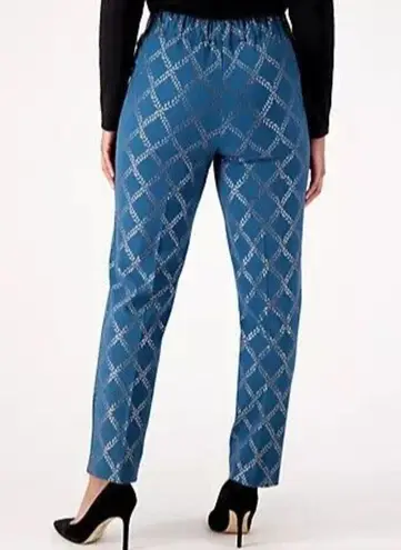 Isaac Mizrahi New Womens Live! Stretch Navy Blue Silver Foil Leaf Pants 12 T Tal