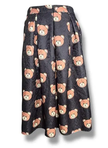 Saferin Teddy Bear Print Black Jacquard Pleated Midi Skirt Kawaii Harajuku Retro Size M