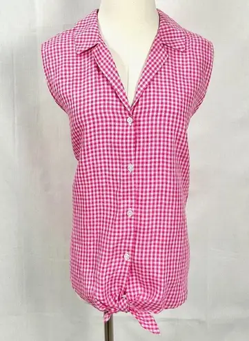 Tommy Bahama  Pink Linen Shirt Tie Front Sleeveless Gingham Way Camp Shirt Sz XL