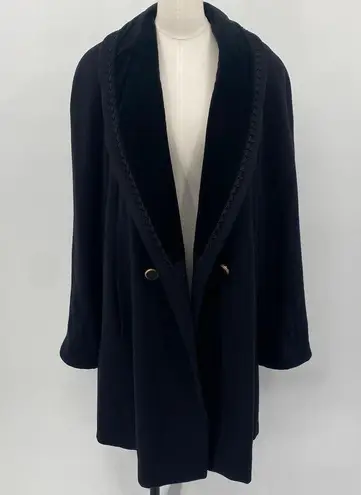 Vintage 80s Wool Peacoat Oversized Velvet Collar Double Breasted Button Black 12