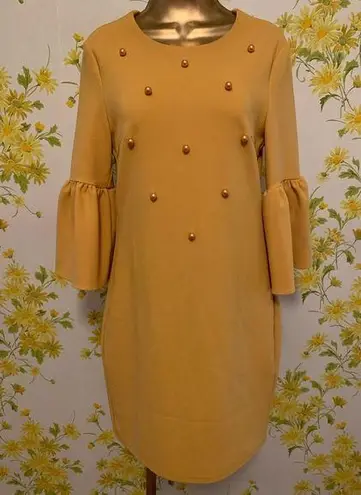 INA Pearl beaded bell sleeve midi dress mustard size M