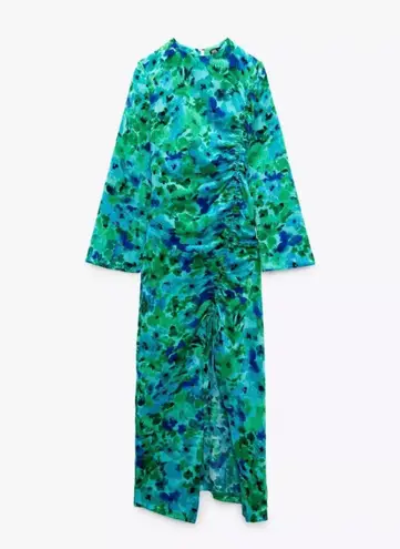 ZARA dress midi Floral ruched Wedding long sleeve green blue boho summer vacation