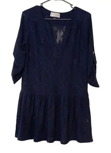 J Valdi Women's Navy Roll Tab Sleeve Drop Waist Eyelet Swim Cover Up Small Blue