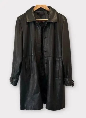 Anne Klein Vintage  Black Mid Length Butter Soft Leather Trench Coat Large