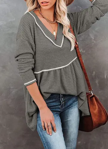 Waffle V Neck Tunic Peplum Flowy Swing Loose Long Sleeve Sweater Green S