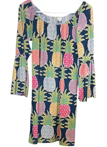 Simply Southern  Colorful Pineapple Print Dress w Bell Sleeves Elastic Scoop Neck - Image 1