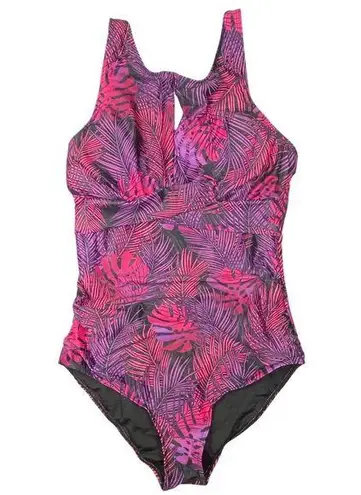 Tempt Me Tropical Print One Piece Swimsuit Womens Size XL Cutout Padded Keyhole Purple