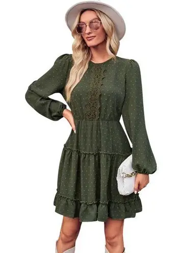 NEW Army Green Lace Detail Swiss Dot Ruffle A Line Puff Sleeve Dress
