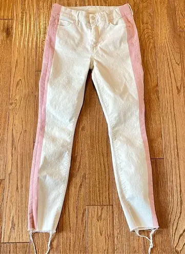 Mother the looker ankle fray white with pink stripe jeans 26