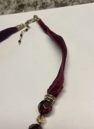 Monet Signed  Necklace Gold Tone Maroon Glass Bead / Ribbon - Beaded