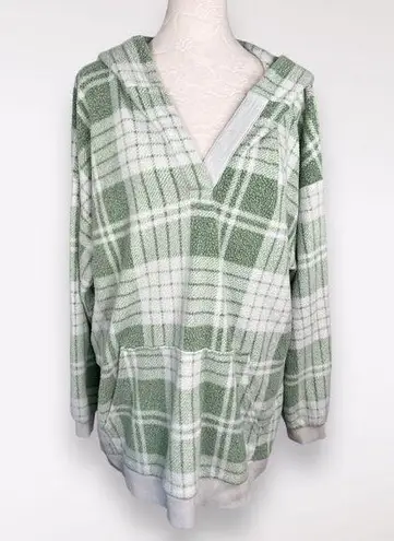 Aerie Oversized Hooded Sweatshirt Green White Plaid Size Medium