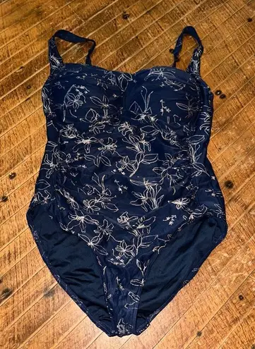 Niptuck blue silver floral ruched slimming one piece swimsuit Size 10