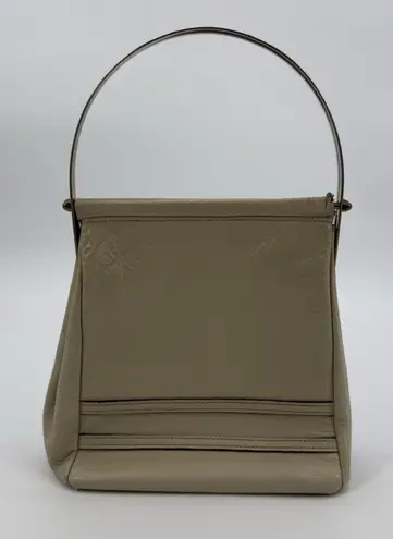 Vintage Beige Leather Top Handle Bag Metal Handbag Classic