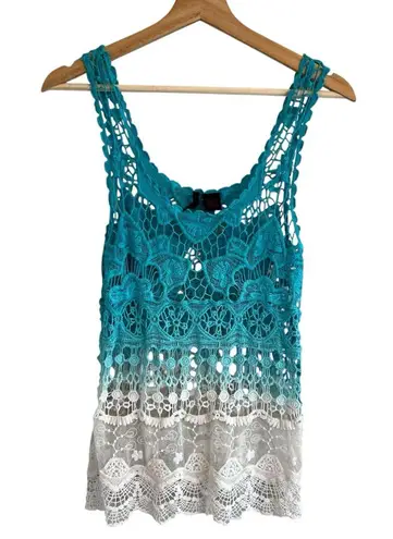 Womens Boho Open Knit Crochet Tank Top Sz L Lace Beach Resort Festival Coachella Blue Size L