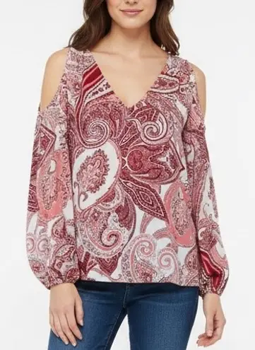 Soho New York & Company Jeans Cold Shoulder Paisley Print V Neck Blouse XS Red