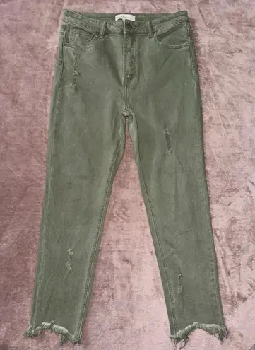 RISEN Jeans Womens Sage Green Distressed Ankle Raw Hem Size 30