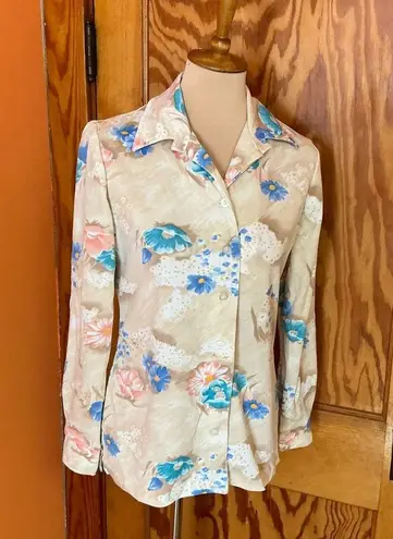 Vintage 70s floral polyester disco shirt Tan Size M