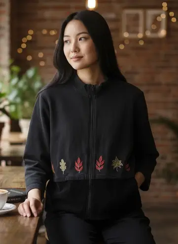 VTG 90s Y2K Onque Black Full Zip Jacket Embroidered Cabin & Fall Leaves Sz Large