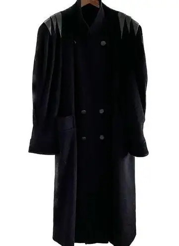 Vintage 80s 100% wool leather shoulder double breasted long over coat size XXL Black
