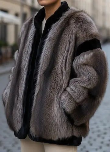 Reversible Silver Fox With Black Trim Fur Bomber Jacket Oversized Unisex M/L VTG Size L