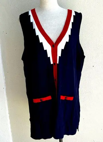 Bob Mackie Vintage  Sweater Vest Wearable Art Navy Red Zig Zag White Stripe sz L