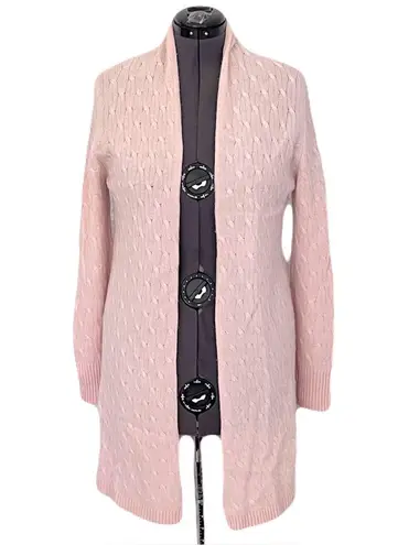 Cortland Park Cashmere Light Pink ‘Sophie’ Cable Knit Long Open Cardigan, Size M Size M