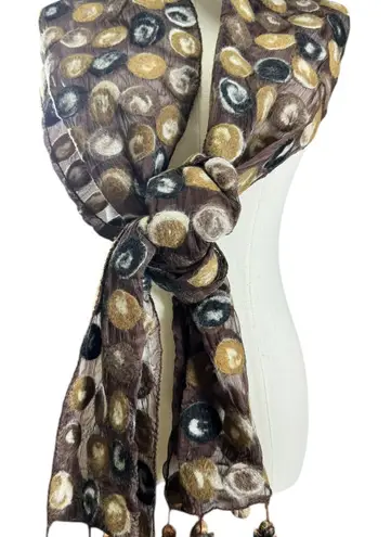 Pomegranate Moon Handcrafted Nuno Felted Wool & Chiffon Scarf — Tassel Fringe Brown