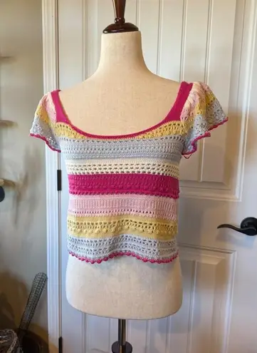 Sincerely Jules Striped Crochet Crop Top Off Shoulder Ruffle Sleeve Pink Yellow Size M
