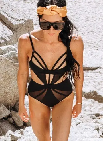NWT Kopper & Zink Harper Strappy Cut Out Mesh One Piece Swimsuit Black Size XS
