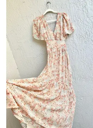 ASTR The Label Short Sleeve Cut Out Floral Tiered Sedona Maxi Dress Multi XS Pink