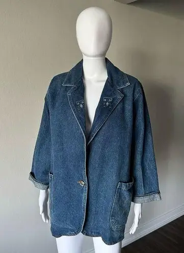 Vintage Denim Oversized Blazer Jacket With Design Blue Size L