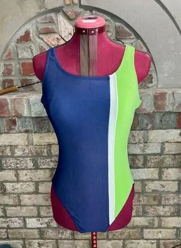 one piece swimsuit color blocked stripe ribbed blue white neon green 1990s Size L