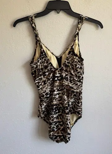 MiracleSuit Black Brown Leopard Wildside Mesh Plunge V-Neck One Piece Womens M