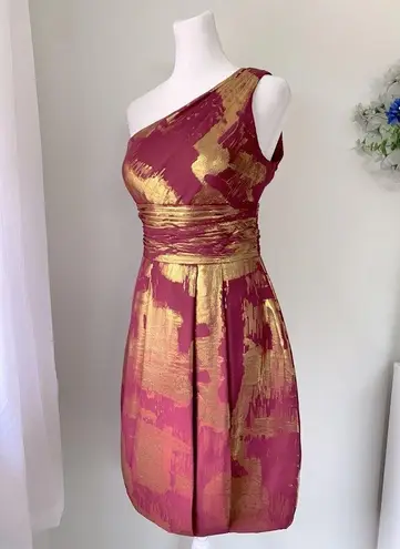 Aidan Mattox Burgundy & Gold One Shoulder Silk Mini Dress