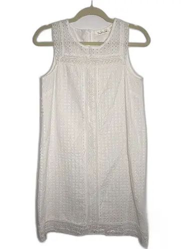 Solitaire White Shift Eyelet Lace Sleeveless White Lined Casual Cotton Dress S - Image 1