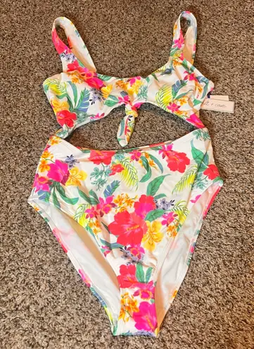 Salt + Cove Floral One Piece Swimsuit Cutout Tie Front Women's Extra Large XL White