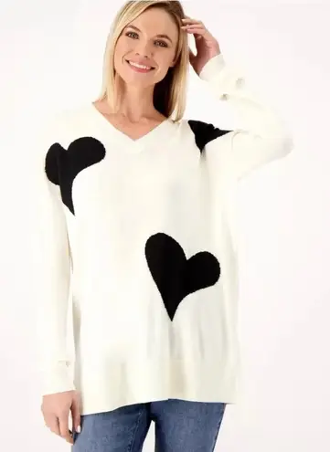 Laurie Felt V Neck Cream Black Heart Print Cashmere Blend Sweater Women Medium