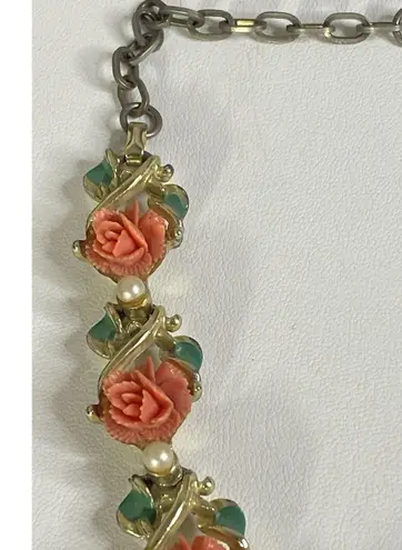 Vintage Celluloid Pink Lucite Rose Flower Gold Choker Coquette Necklace Pearls