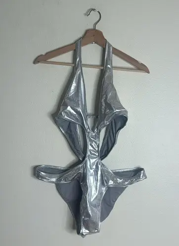 SKIMS metallic swim halter monokini in nickel swimsuit one piece 2X