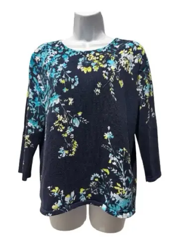 Alfred Dunner PL Floral 3/4 Sleeve Top Navy Cotton Knit Rhinestone Sparkle