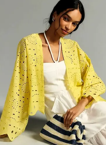 Anthropologie WOMENS ONE SIZE Maeve Cropped Navy Eyelet Boho Kimono yellow