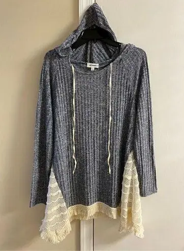 ee:some Ee women's Heather Blue Fringed Hooded Tunic, L NWT