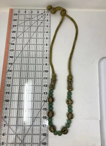 American Vintage Vintage Beaded Corded Necklace Gold Tone Metal Green Beads Boho Bohemian