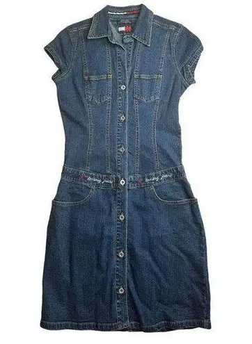 Tommy Hilfiger Vintage Tommy Jeans Y2K Denim Short Sleeve Button Front Jean Dress Stretch Sz S