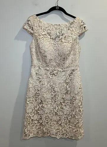 JJ's House JJ’s House Cap Sleeve Sheath Column Lace Midi Dress Champagne New With Tags