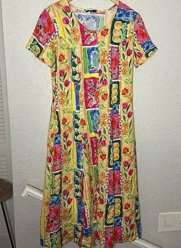 Vintage Hilo Hattie Hawaiian Tropical Floral Midi Shirt Dress Vacation Pineapple Gold Size 8